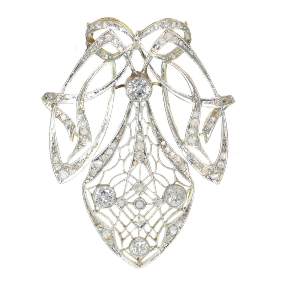 Antique Art Nouveau Old European Cut Diamond Pendant Brooch