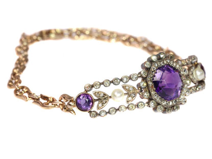 Antique Victorian Gold Bracelet with Amethyst Diamonds and Pearls