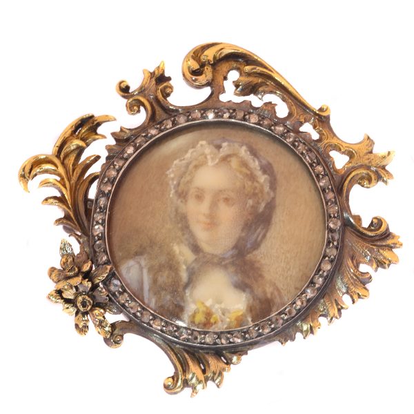Antique French Victorian Diamond Gold Painted Miniature Brooch of Madame de Pompadour