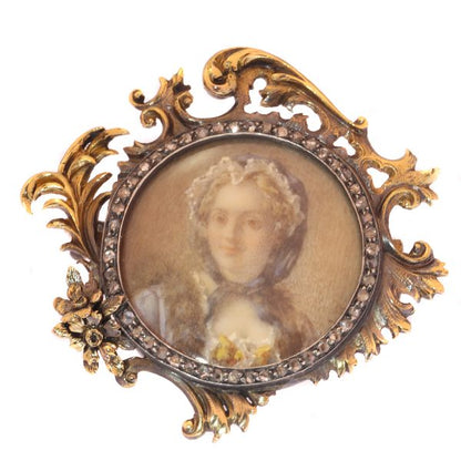 Antique French Victorian Diamond Gold Painted Miniature Brooch of Madame de Pompadour