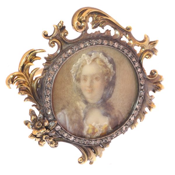Antique French Victorian Diamond Gold Painted Miniature Brooch of Madame de Pompadour