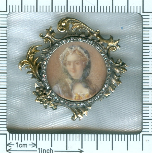 Antique French Victorian Diamond Gold Painted Miniature Brooch of Madame de Pompadour