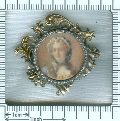 Antique French Victorian Diamond Gold Painted Miniature Brooch of Madame de Pompadour