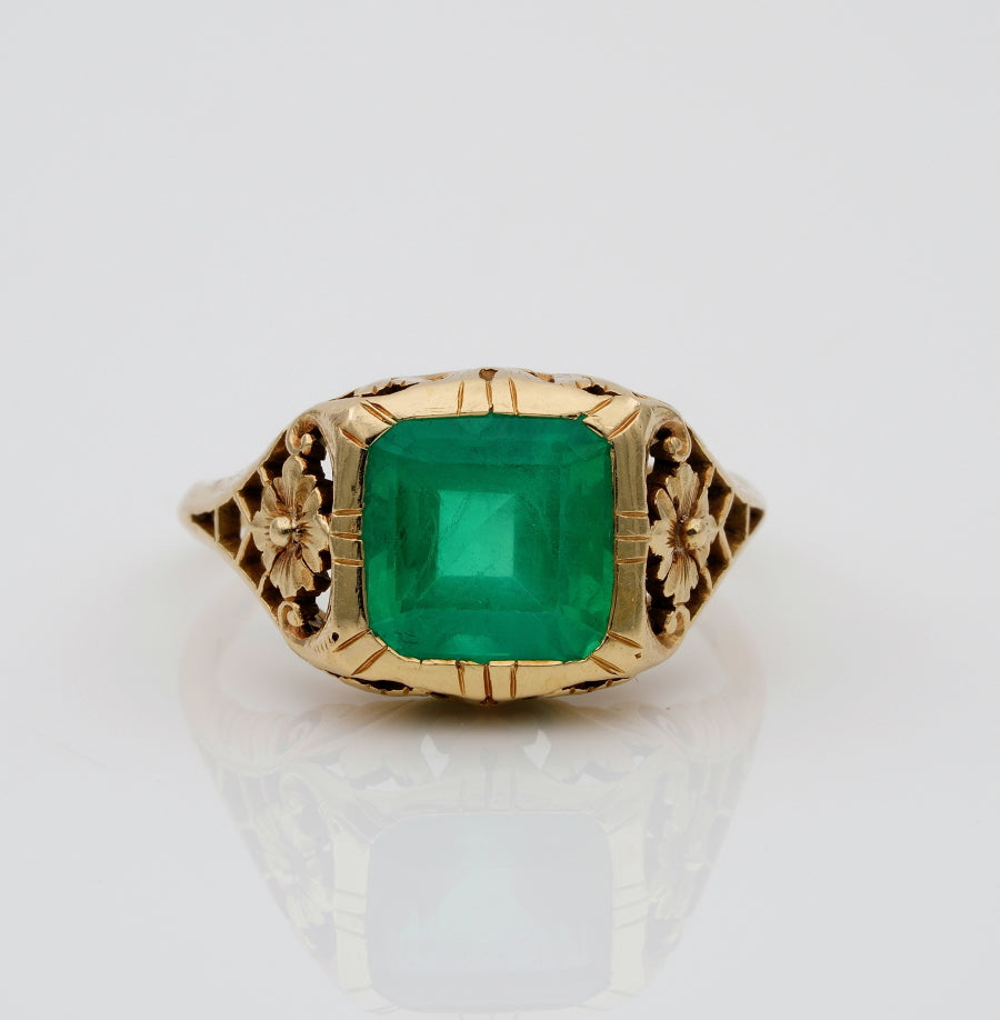 Antique Art Nouveau Rare Untreated 3.10ct Emerald Solitaire ring