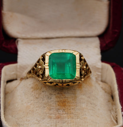Antique Art Nouveau Rare Untreated 3.10ct Emerald Solitaire ring