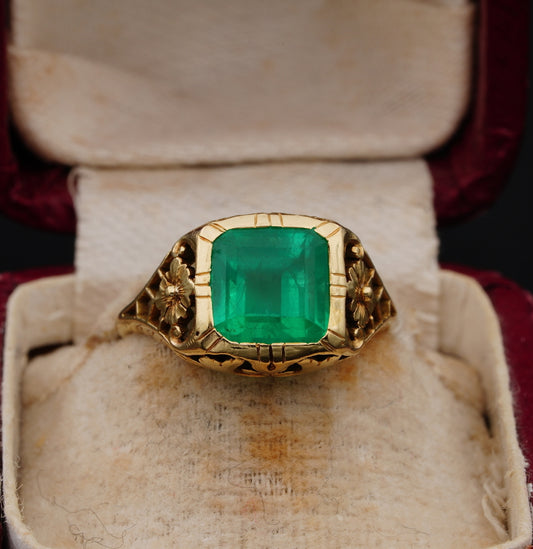 Antique Art Nouveau Rare Untreated 3.10ct Emerald Solitaire ring