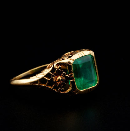 Antique Art Nouveau Rare Untreated 3.10ct Emerald Solitaire ring