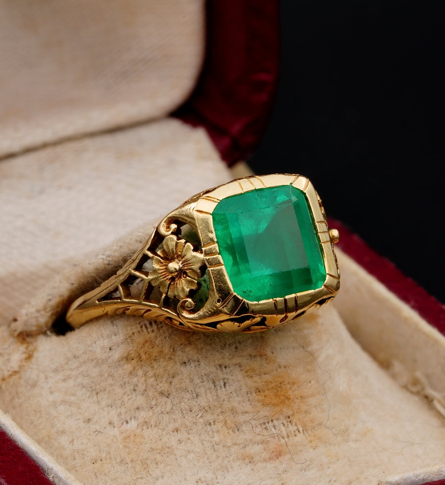 Antique Art Nouveau Rare Untreated 3.10ct Emerald Solitaire ring