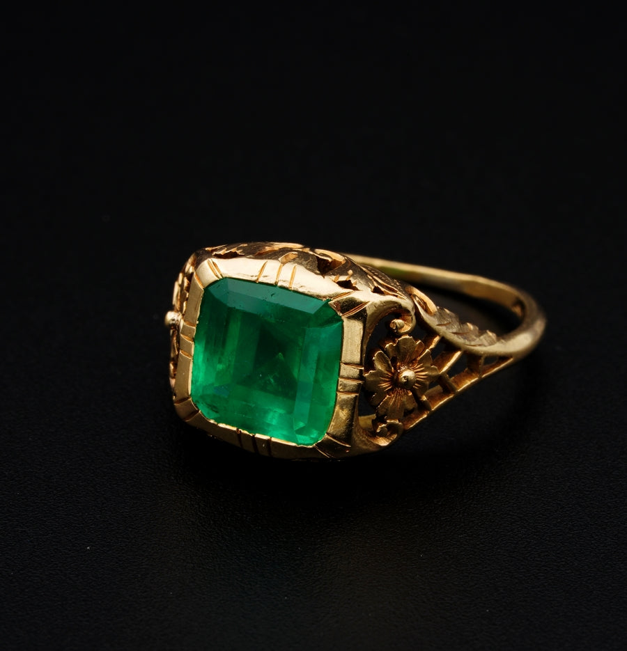 Antique Art Nouveau Rare Untreated 3.10ct Emerald Solitaire ring
