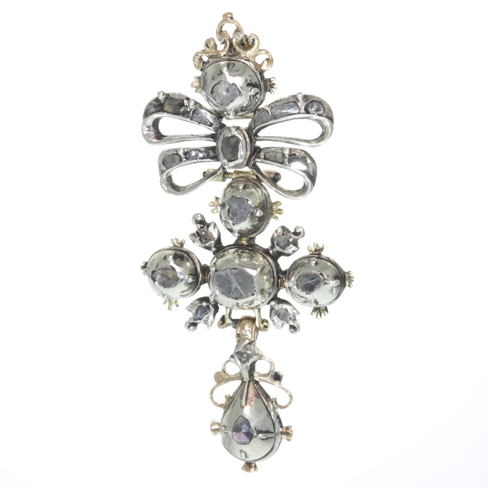 Baroque Diamond Cross Pendant In Silver And 18 Carat Yellow Gold