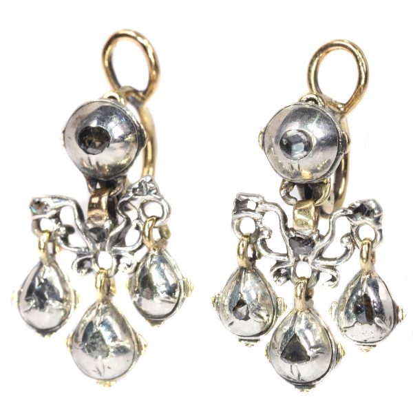 Antique Baroque Rose Cut Diamond Earrings, Silver and Gold, Circa 1700