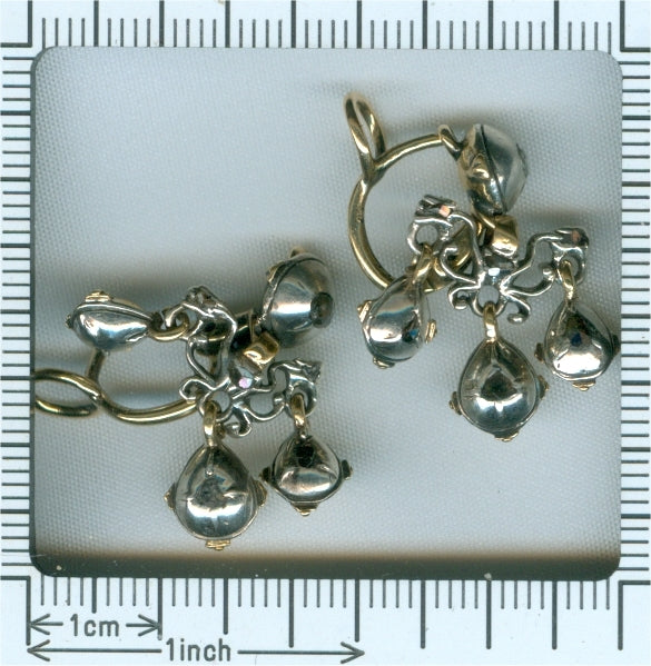 Antique Baroque Rose Cut Diamond Earrings, Silver and Gold, Circa 1700