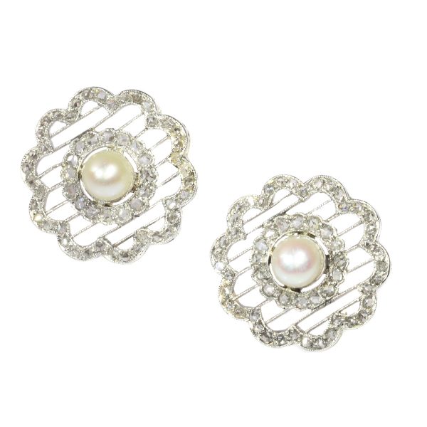 Antique Edwardian Pearl and Rose Cut Diamond Stud Earrings, Platinum