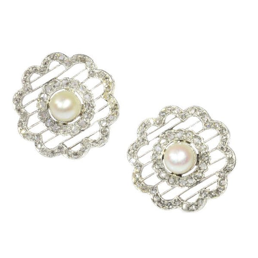 Antique Edwardian Pearl and Rose Cut Diamond Stud Earrings, Platinum
