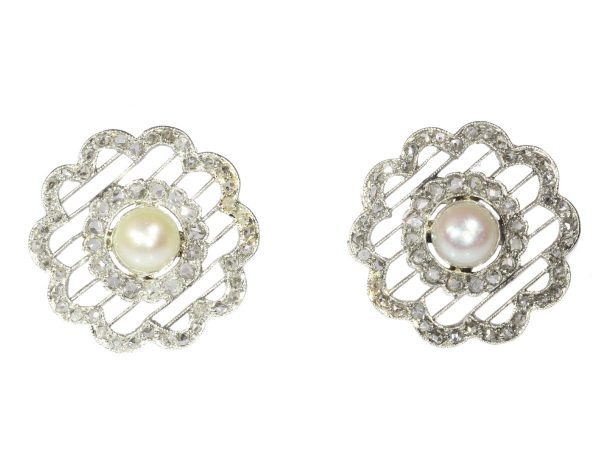 Antique Edwardian Pearl and Rose Cut Diamond Stud Earrings, Platinum