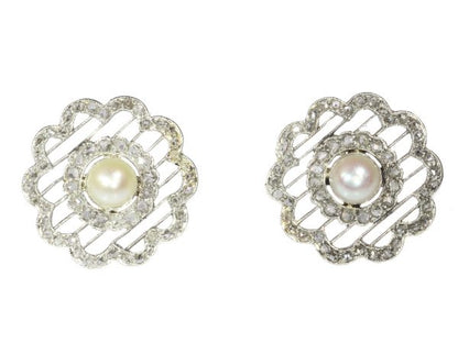Antique Edwardian Pearl and Rose Cut Diamond Stud Earrings, Platinum