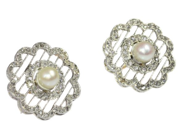 Antique Edwardian Pearl and Rose Cut Diamond Stud Earrings, Platinum