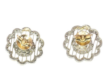 Antique Edwardian Pearl and Rose Cut Diamond Stud Earrings, Platinum