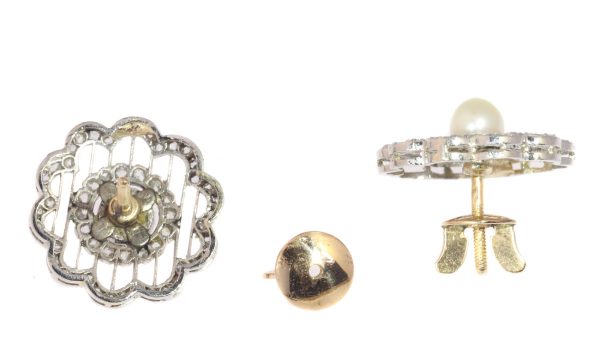 Antique Edwardian Pearl and Rose Cut Diamond Stud Earrings, Platinum