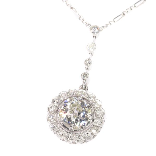 Art Deco Old Cut Diamond and Platinum Cluster Pendant Necklace