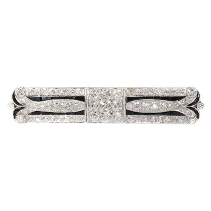Art Deco Old Cut Diamond and Onyx Bar Brooch, 7.30 carats, Platinum