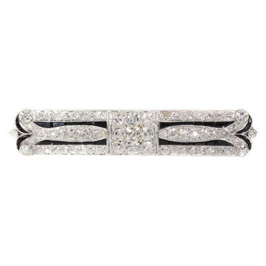 Art Deco Old Cut Diamond and Onyx Bar Brooch, 7.30 carats, Platinum