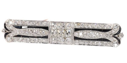 Art Deco Old Cut Diamond and Onyx Bar Brooch, 7.30 carats, Platinum