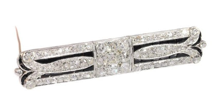 Art Deco Old Cut Diamond and Onyx Bar Brooch, 7.30 carats, Platinum