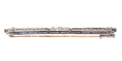 Art Deco Old Cut Diamond and Onyx Bar Brooch, 7.30 carats, Platinum