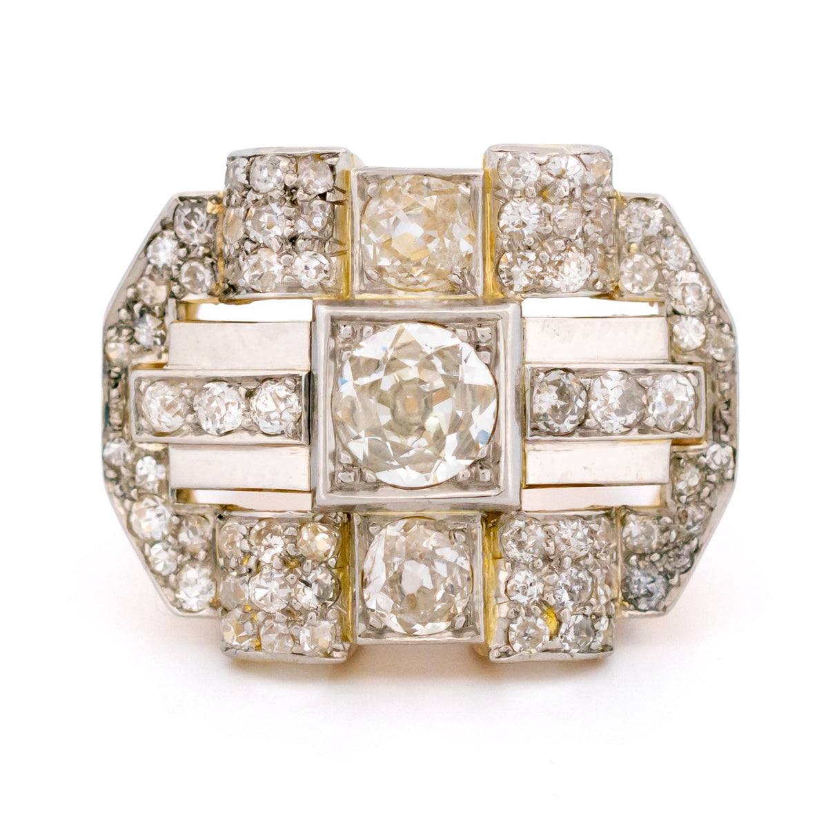 Vintage 1940s Retro 2.85ct Old Cut Diamond Geometric Plaque Tank Ring