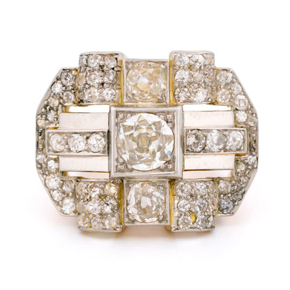 Vintage 1940s Retro 2.85ct Old Cut Diamond Geometric Plaque Tank Ring