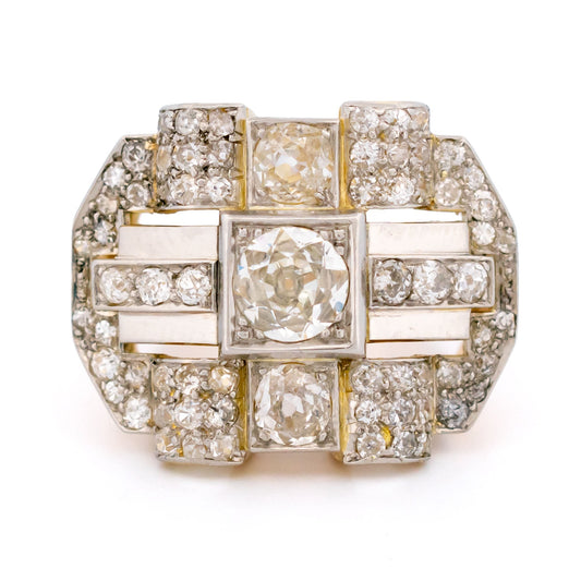 Vintage 1940s Retro 2.85ct Old Cut Diamond Geometric Plaque Tank Ring