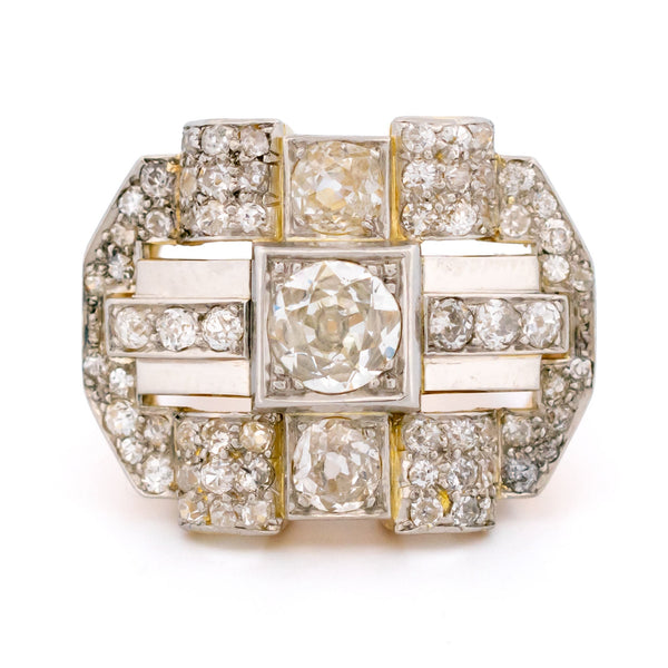 Vintage 1940s Retro 2.85ct Old Cut Diamond Geometric Plaque Tank Ring