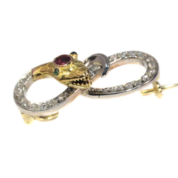 Antique Late Victorian Rose Cut Diamond Serpent Brooch, Silver and Gold
