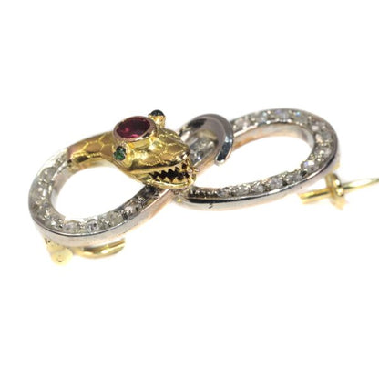 Antique Late Victorian Rose Cut Diamond Serpent Brooch, Silver and Gold