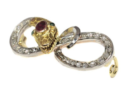 Antique Late Victorian Rose Cut Diamond Serpent Brooch, Silver and Gold