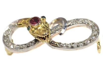 Antique Late Victorian Rose Cut Diamond Serpent Brooch, Silver and Gold