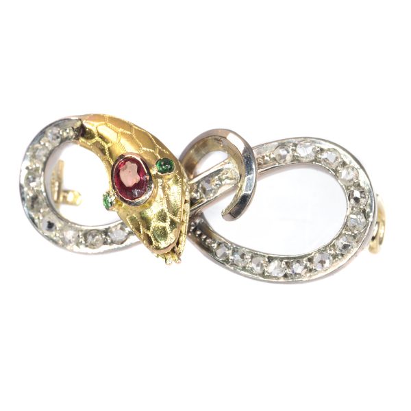 Antique Late Victorian Rose Cut Diamond Serpent Brooch, Silver and Gold