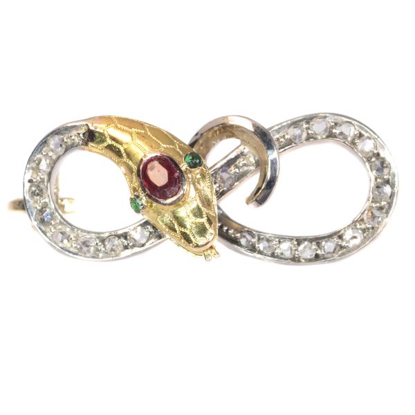 Antique Late Victorian Rose Cut Diamond Serpent Brooch, Silver and Gold