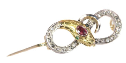 Antique Late Victorian Rose Cut Diamond Serpent Brooch, Silver and Gold