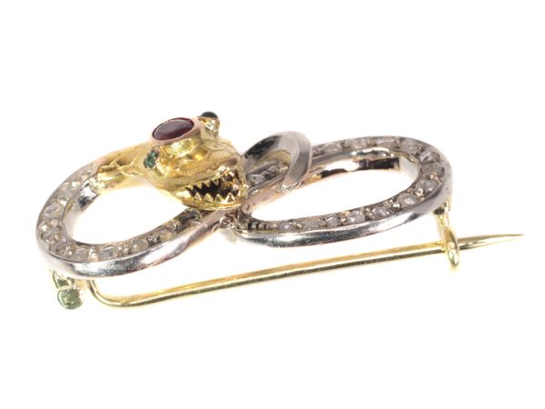 Antique Late Victorian Rose Cut Diamond Serpent Brooch, Silver and Gold
