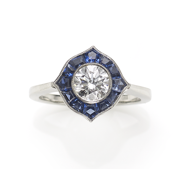 Art Deco Style Sapphire and Diamond Platinum Ring