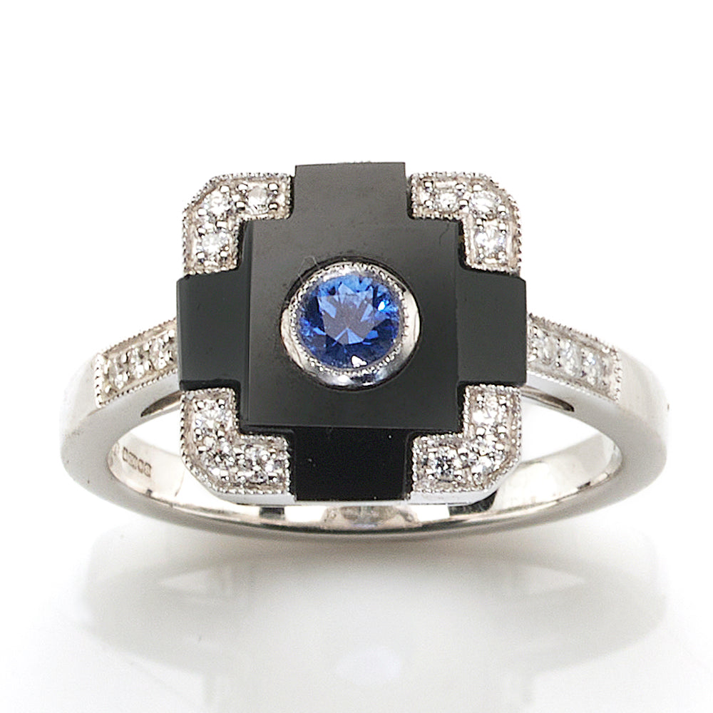 Art Deco style onyx, sapphire and diamond ring in 18ct white gold