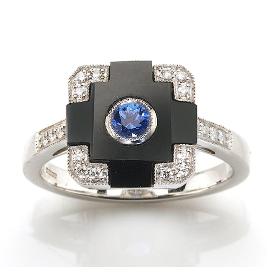 Art Deco style onyx, sapphire and diamond ring in 18ct white gold