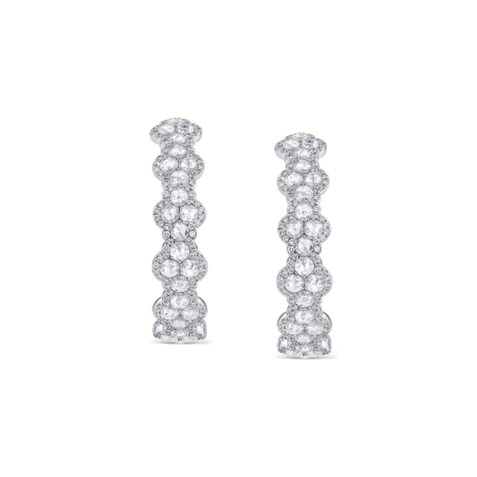 Rose Cut Diamond Hoop Earrings, featuring 5.00 carats of round rose cut diamonds and 420 full cut diamonds set in an eternal loop