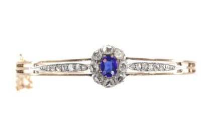 Antique Victorian Gold Bangle Set with Diamonds and Blue Strass