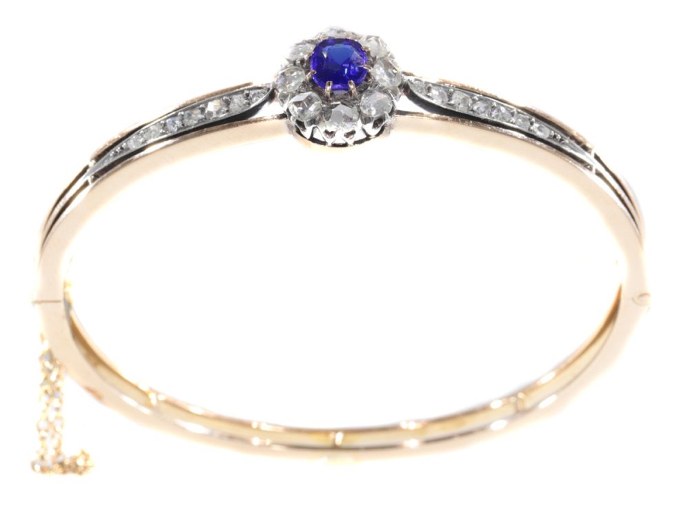 Antique Victorian Gold Bangle Set with Diamonds and Blue Strass