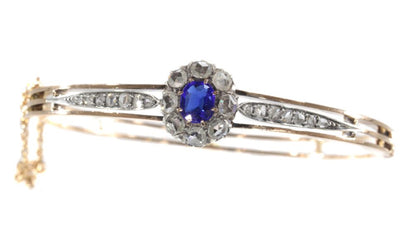 Antique Victorian Gold Bangle Set with Diamonds and Blue Strass