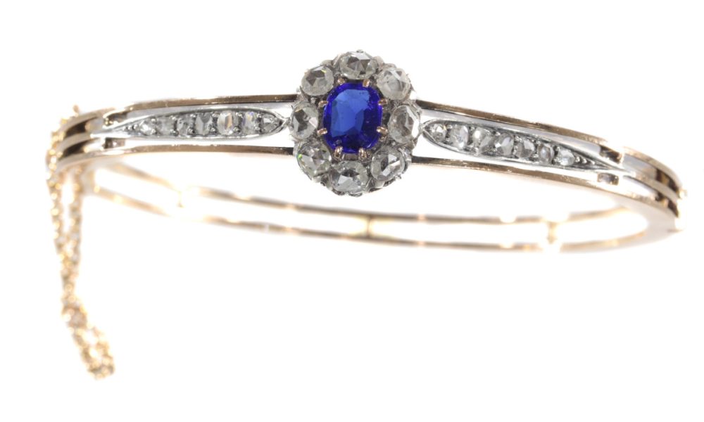 Antique Victorian Gold Bangle Set with Diamonds and Blue Strass