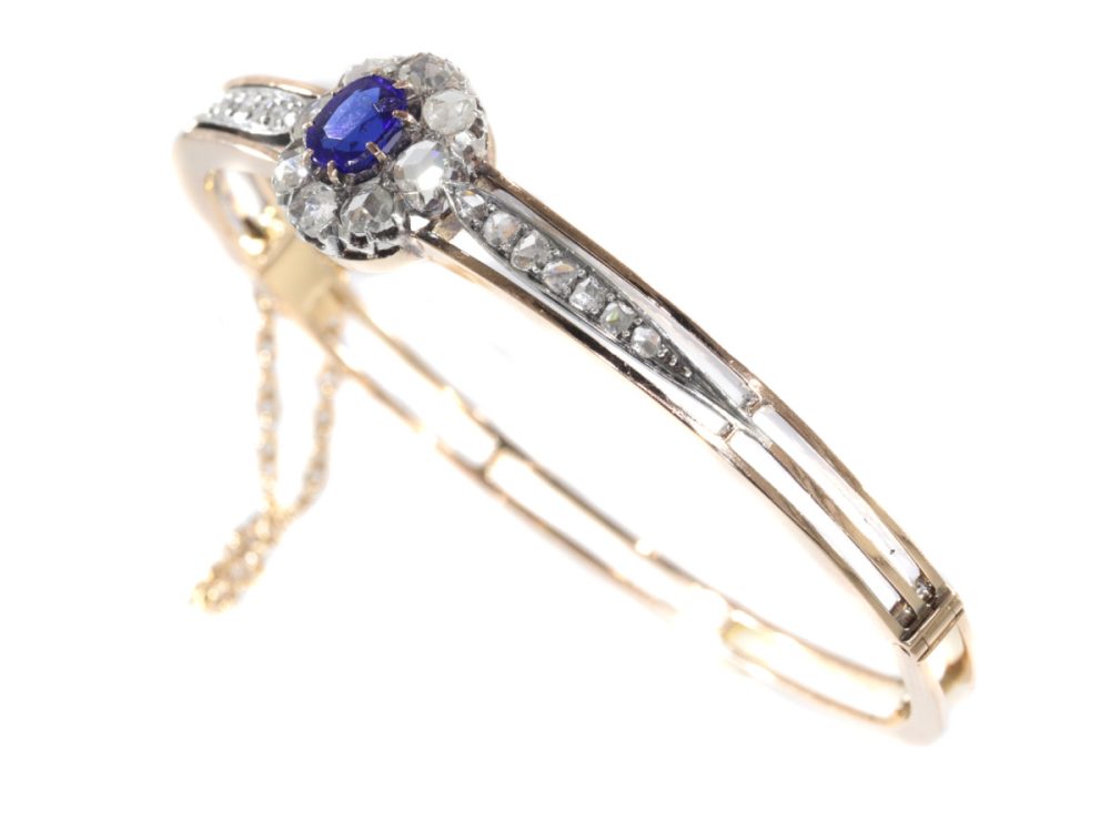 Antique Victorian Gold Bangle Set with Diamonds and Blue Strass